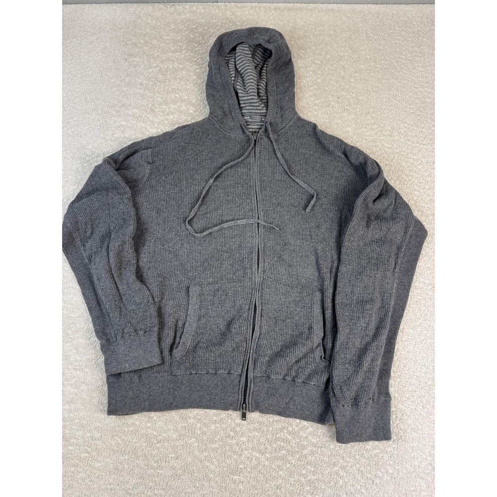 Vince Hoodie Mens 2XL Gray Full Zip Knit Cotton Blend Striped Lined Sweatshirt